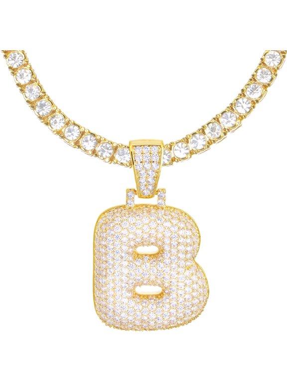 Iced Hip Hop A - Z Initial Bubble Letter 14K Gold Plated Real Feel Heavy 24" Tennis Chain Necklace Set / B / Gold