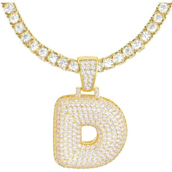 Iced Hip Hop A - Z Initial Bubble Letter 14K Gold Plated Real Feel Heavy 24" Tennis Chain Necklace Set / D / Gold