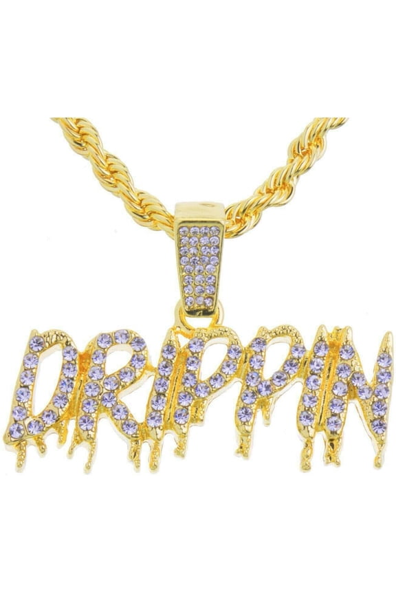 Iced Hip Hop Rapper Jewelry Gold Plated DRIPPIN Cubic Zirconia Stone Charm Pendant & 4mm 24" Rope Chain Fashion Bling Necklace[i785]
