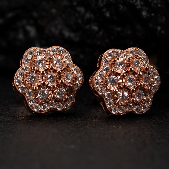 Iced Large Hip Hop Rose Gold Sterling Silver Flower Cluster Hip Hop Stud Earrings