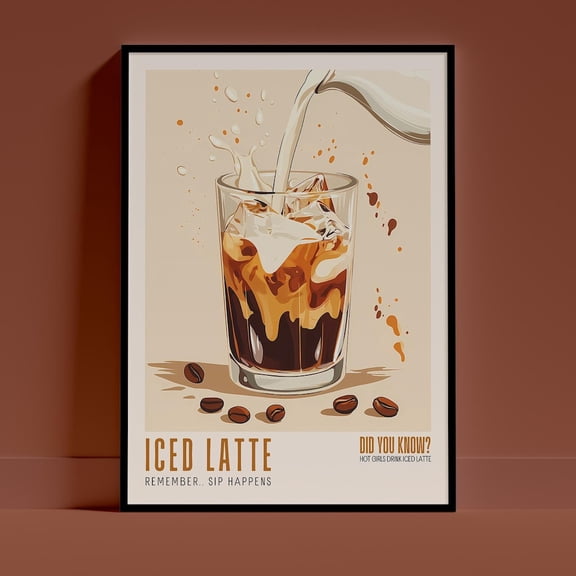 Iced Latte Poster, Trendy Coffee Bar Drink Art, Unframed Canvas 12x16in