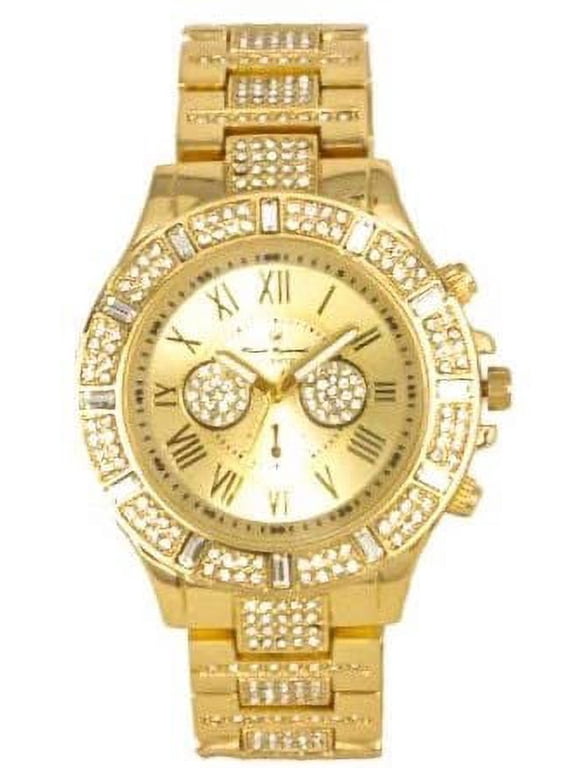 Iced Mens Single Watch- Big Rhinestones on Trim and Elegant Baguette Time Indicators on Dial - ST10226B (ST10506 Gold)