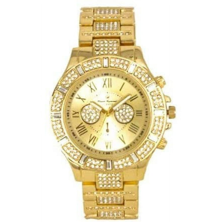 Iced Mens Single Watch Big Rhinestones on Trim and Elegant Baguette Time Indicators on Dial ST10226B ST10506 Gold