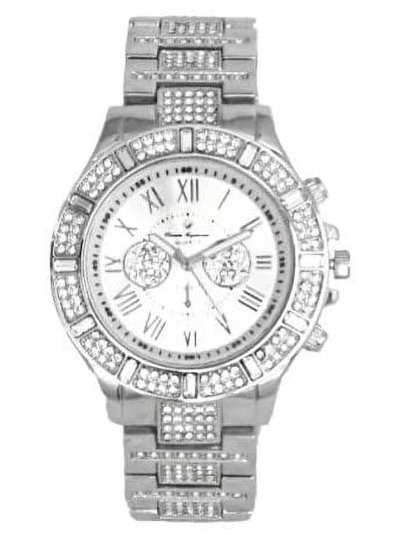 Iced Mens Single Watch with Big Rhinestones on Trim and Elegant Baguette Time Indicators on Dial - Master Bling Designer - ST10226B (ST10506 Silver)