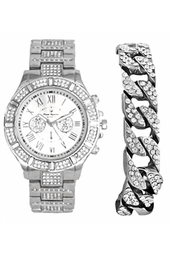 Iced Mens Watch w/Matching Rolly or Cuban Hip Hop Bracelet - Your Choice! - Big Rhinestones on Trim and Elegant Baguette Time Indicators on Dial - ST10226B (ST10506Cuban Silver)