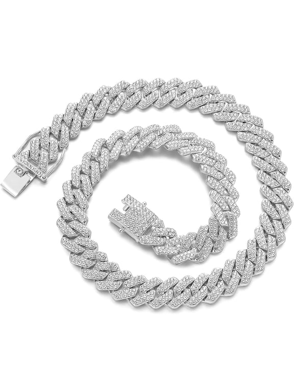 Iced Out Miami Cuban Men’s Chain, Silver Tone Bling Hip Hop Necklace, Sparkly Jewelry for Daily, Party & Gifting