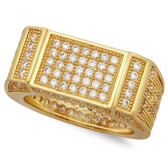 Iced Out 14k Gold Plated Bar & Micropave CZ 11.5mm Flat Top Band Ring, Size 11