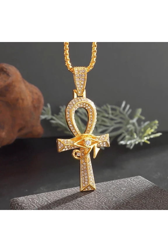 Iced Out Ancient Egyptian God Eye of Horus Ankh 14K Yellow Gold Cross Pendant Necklace Chain Men's and Women's Protection Amulet Jewelry Gift