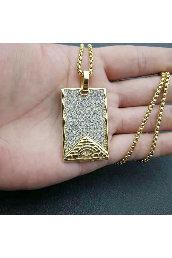 Iced Out Ancient Egyptian God Eye of Horus Ankh Cross 14K Yellow Gold Pendant Necklace Chain Men's and Women's Protection Amulet Jewelry Gift