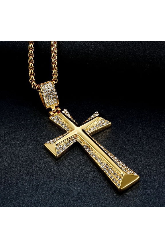 Iced Out Bling Cross Necklace For Men 14K Yellow Gold CZ Cubic Zirconia Knight Cross Pendant Hip Hop Man Jewelry Gift