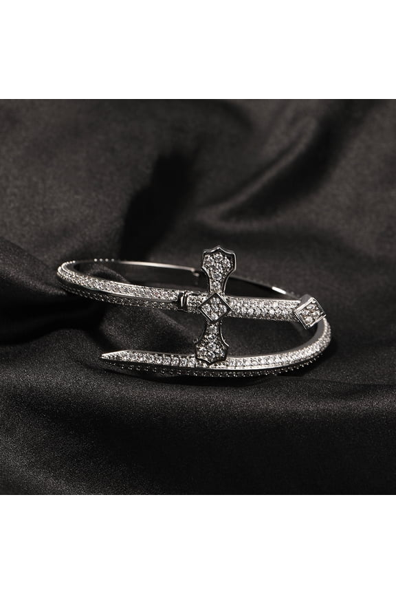 Iced Out Bling Cubic Zirconia CZ Cross Sword 14K Yellow Gold Bracelet for Men Boy Open Size Black Color Sword of Justice Bangle Hiphop Jewelry