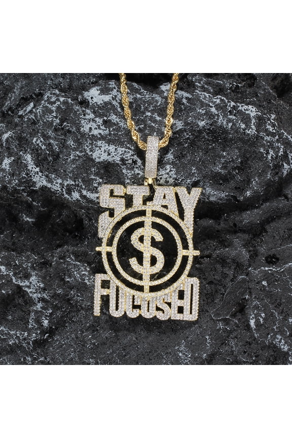 Iced Out Bling Letters Stay Focused 14K Yellow Gold Pendant Necklaces Gold Color CZ Zircon US Dollar Money Charm Men's Women Hip Hop Jewelry