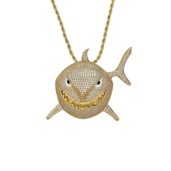 Iced Out Bling Shark 14K Yellow Gold Pendant Necklace Gold Silver Color Cubic Zirconia Marine Animals Charm For Men Women Hip Hop Jewelry