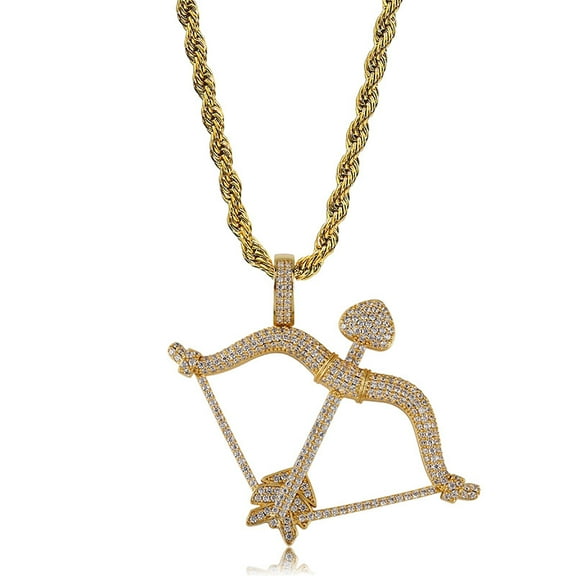 Iced Out Bow & Arrow Pendant Solid Back Necklace Hip Hop Gold Silver Color Mens/Women Charm Chain Jewelry