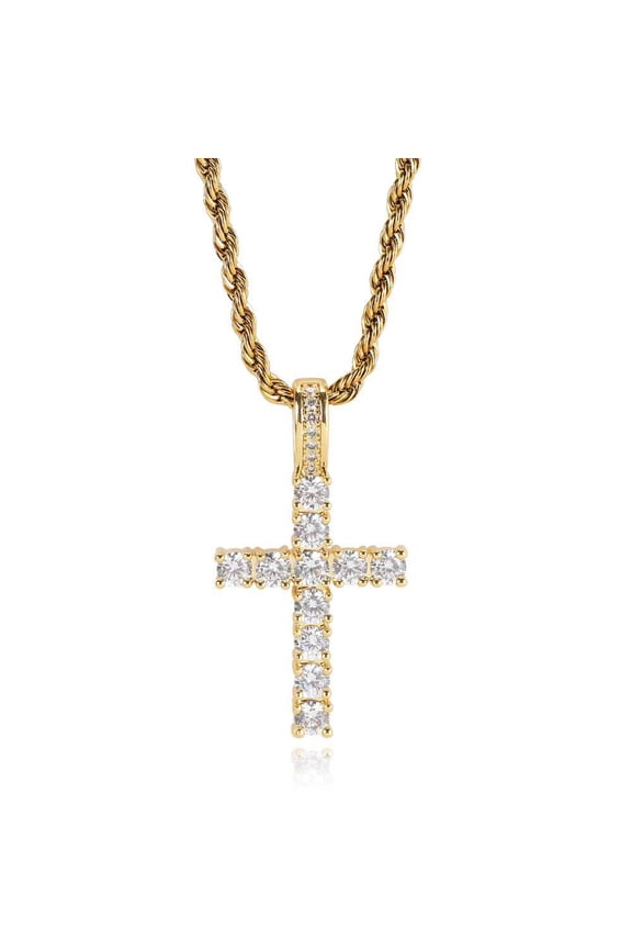 Iced Out CZ Cross Pendant Necklaces for Women Men Punk Hiphop Rope 14K Yellow Gold Chain on Neck Rapper Jewelry