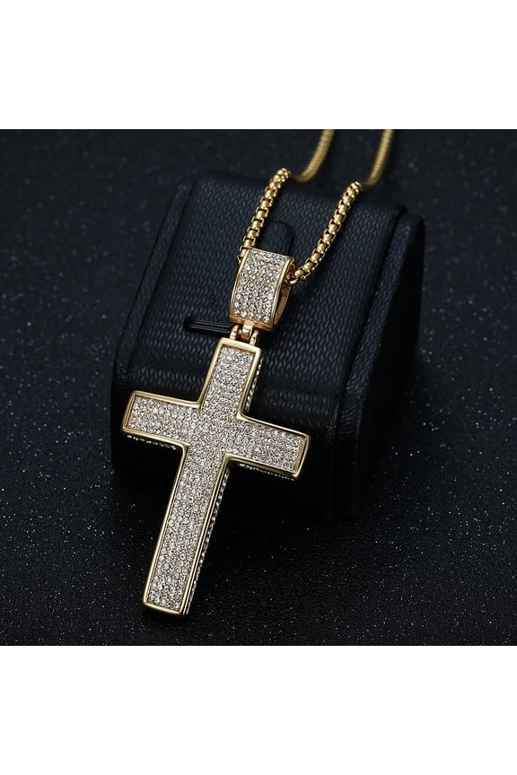Iced Out Chain Big Cross Pendant Necklace 14K Yellow Gold CZ Cross Necklaces Bling Cubic Zircon Men's Hip Hop Jewelry
