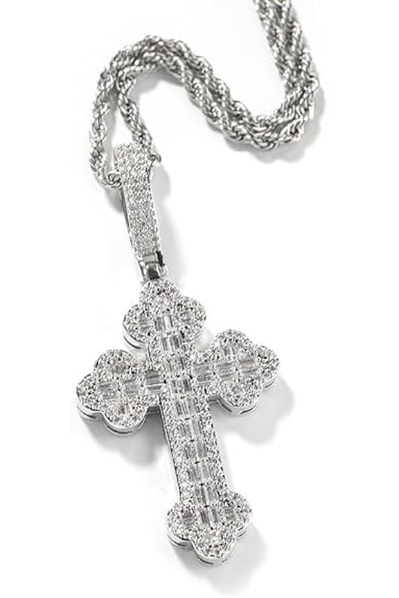 Iced Out Cross Pendant Necklace, White Gold Plated, Cubic Zirconia, Rope Chain, Hip Hop Faith Style, Unisex 3mm Pendant 24inch