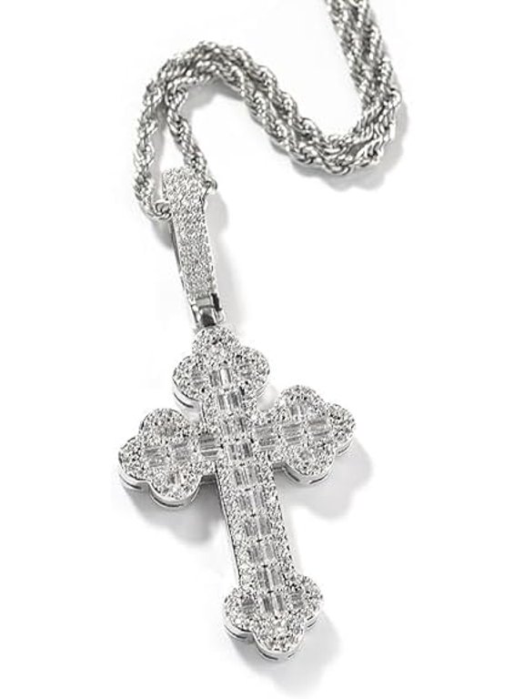 Iced Out Cross Pendant Necklace, White Gold Plated, Cubic Zirconia, Rope Chain, Hip Hop Faith Style, Unisex 3mm Pendant 24inch