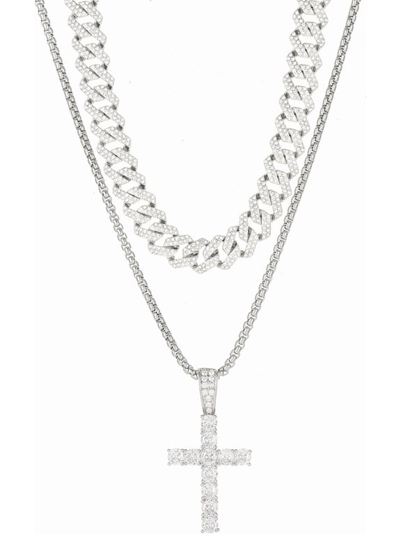 Iced Out Cuban Link Chain Necklace for Men and Women, Cross Pendant with Over 1200 Cubic Zirconia Stones, 16-20 Inch, Gift Box-silver-16"+18"