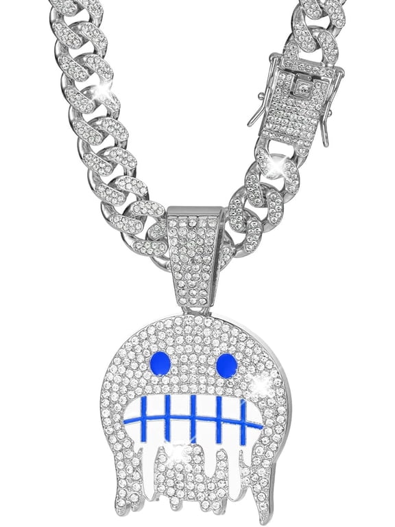 Iced Out Cuban Link Chain Necklace for Men - Full CZ Hip Hop Silver-Tone Choker with Novelty Ghost Pendant, Sparkling Zirconia Jewelry Gift for Him