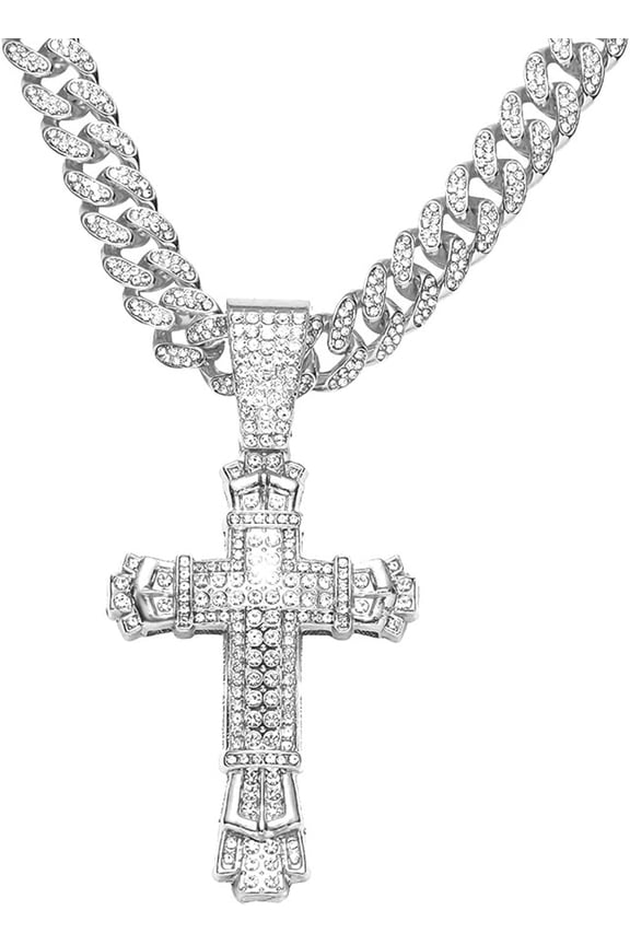 Iced Out Cuban Link Chain for Men, Miami Style Silver and Gold Plated Bling Necklace, Diamond Hip Hop Necklace