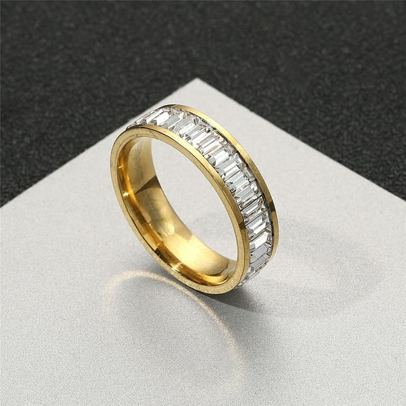 Iced Out Cubic Zirconia Ring 6mm Womens Golden/Silver Color 14K Yellow Gold Wedding Band Rings for Women Fashion Jewelry Gift D382
