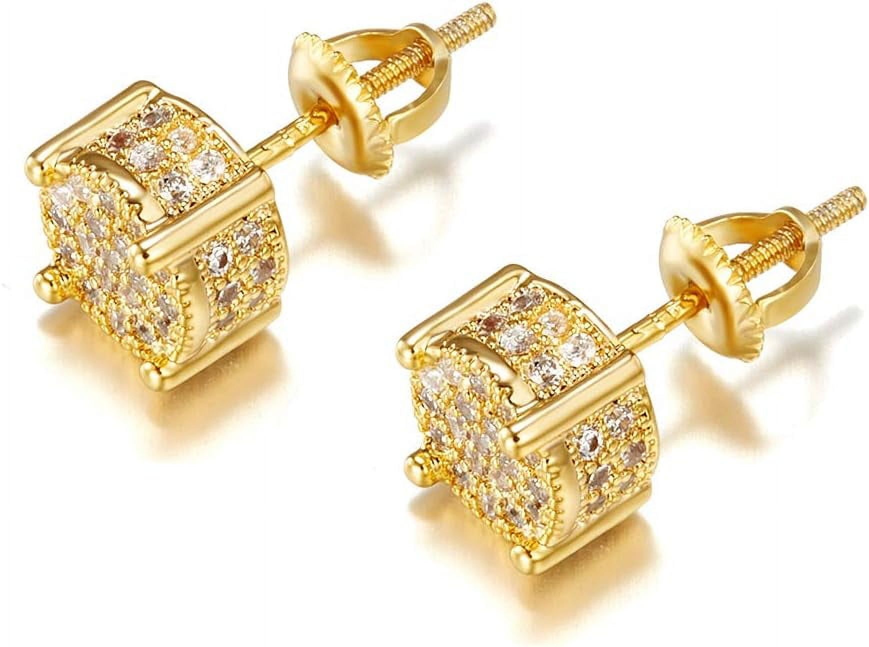 Gold Plated Screw Back Stud Earrings – Men’s Hip Hop Round CZ, Iced Micro Pave, 14k Gold Plated Brass