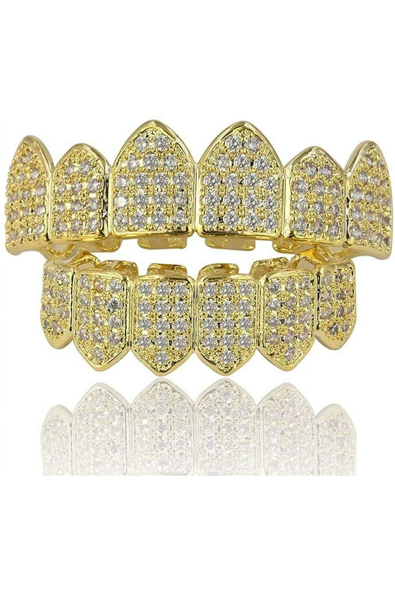 Iced Out Diamond Teeth Grillz for Men Women,Gold Grills for your teeth Top and Bottom,Rapper Costume Teeth Jewelry and Accessories