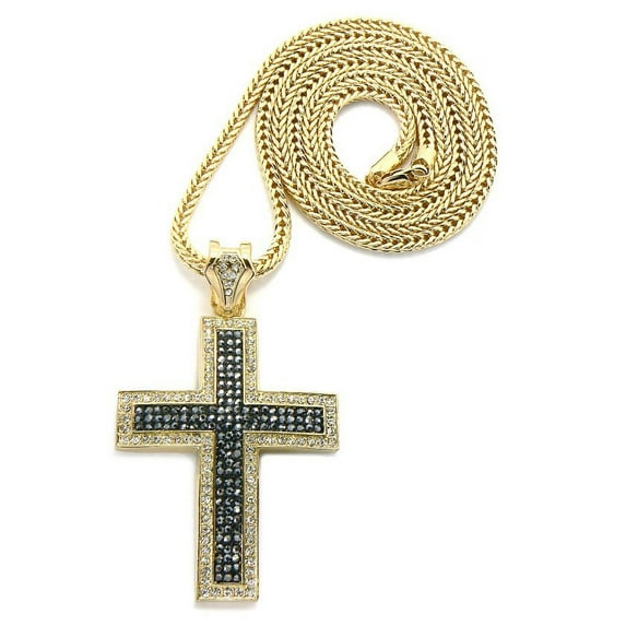 Iced Out Gold/Hematite Tone Cross Pendant 4mm 36" Franco Chain Necklace