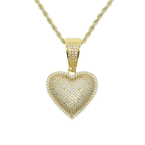 Iced Out Hear 14K Yellow Gold Pendant Necklace Silver Color Micro Paved Cubic Zircon Love Heart Charm For Men Women Hip Hop Jewelry