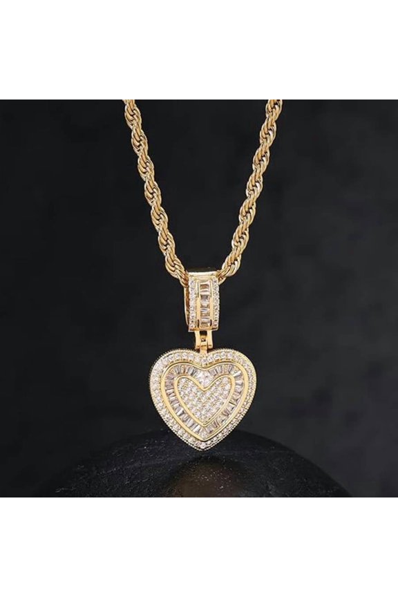 Iced Out Heart Pendant Necklace, Gold & Silver Plated Rope Chain