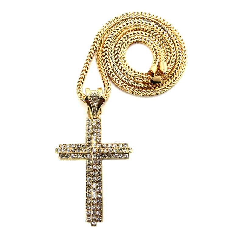 Iced Out Layered Gold Tone Cross Pendant w/ 4mm 36