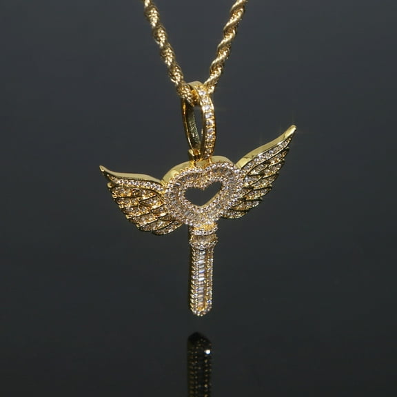 Iced Out Love is a key to open Heart 14K Yellow Gold Pendant Necklace for Men Women Prong Setting Cubic Zirconia Angel wing Hip Hop Jewelry