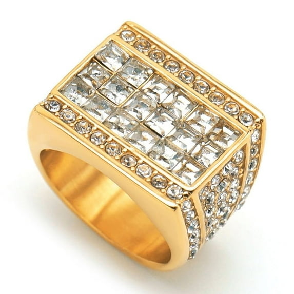 Iced Out Men's Ring 14K Yellow Gold Cubic Zirconia Bling Big Square Rings For Men Rapper Hip Hop Jewelry