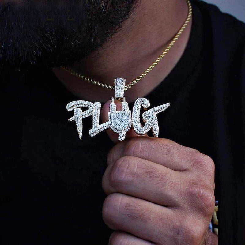 Iced Out Plug 14K Yellow Gold Pendant Necklace Bling Golden Silver ...