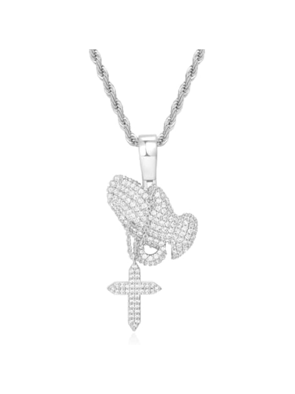Iced Out Praying Hands with Cross Pendant Necklace Chain 14K Gold White Gold Plated Religious Christian Serenity Prayer Jewelry for Men Women