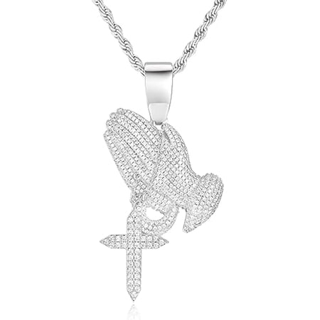 Iced Out Praying Hands with Cross Pendant Necklace Chain 14K Gold White Gold Plated Religious Christian Serenity Prayer Jewelry for Men Women
