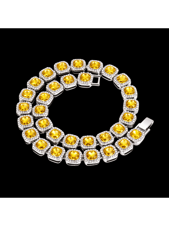 Iced Out Yellow & Clear CZ Rhinestone Cuban & Tennis Chain Necklace for Men Women, Gold Silver Tone Bling Jewelry, 16-30 Inch