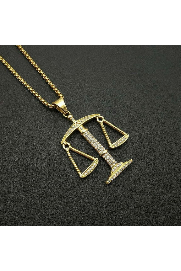 Iced Out Scales of Justice 14K Yellow Gold Pendant Cubic Zirconia Libra Necklace for Men Women Hip Hop Rock Party Punk Jewelry