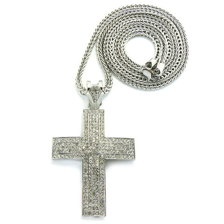 Iced Out Silver Tone Cross Pendant 4mm 36