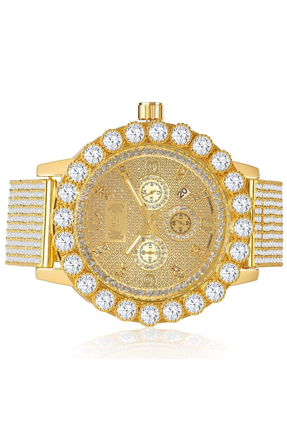 Iced Out Solitaire Bezel 10 Row Custom Band Khronos Genuine Diamond Dial Gold Tone Jo Rodeo Watch W/Date Function