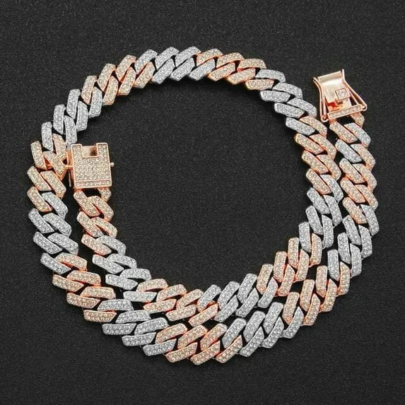 Iced Out Square Miami Cuban Link Chain Necklace For Men Women Micro Paved CZ Stone Rose Gold Color Hiphop Jewelry 16” SH