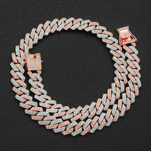 Iced Out Square Miami Cuban Link Chain Necklace For Men Women Micro Paved CZ Stone Rose Gold Color Hiphop Jewelry 16” SH