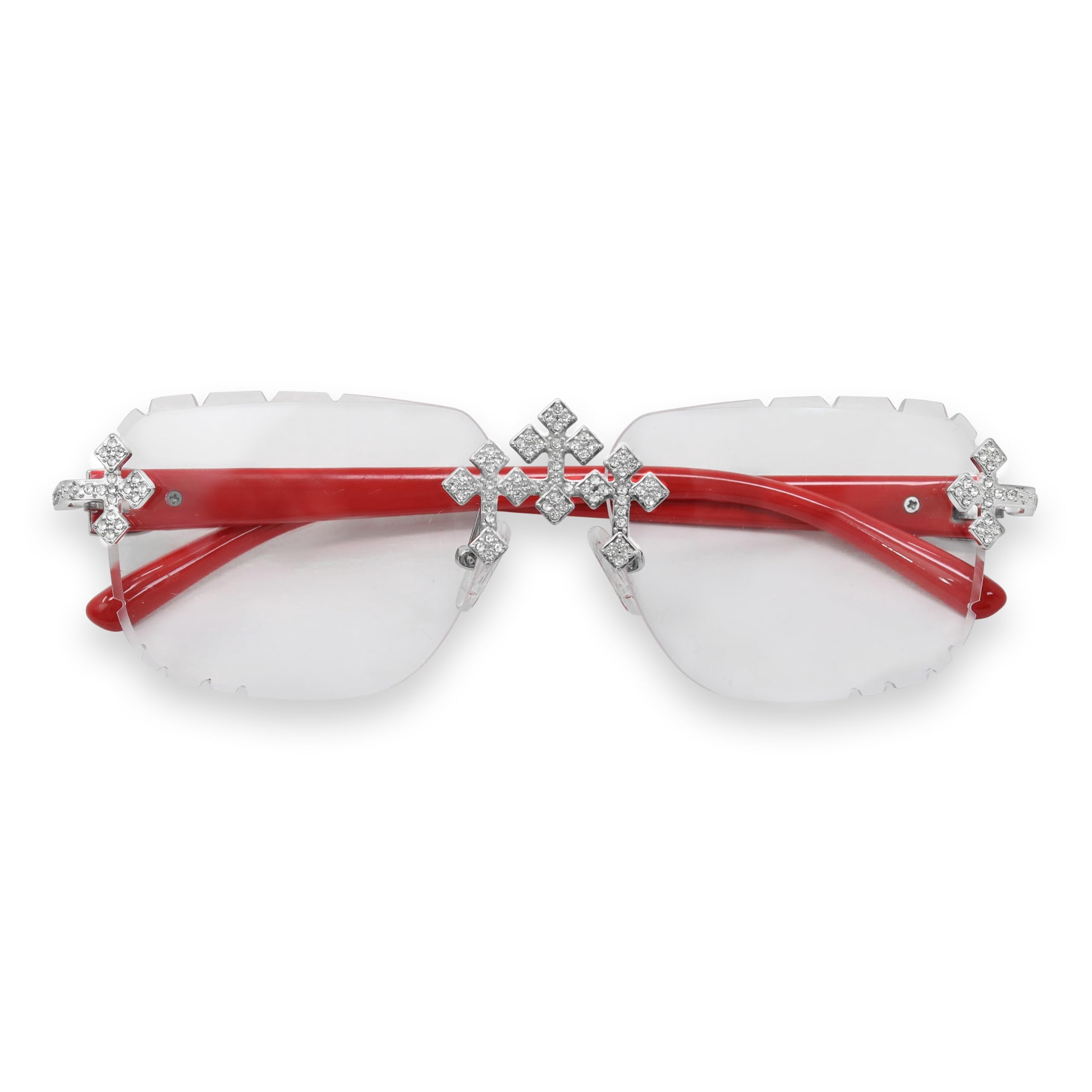 Iced-Out Triple Cross Sunglasses – Diamond-Cut Frameless Shades for Men & Women, Hip-Hop Luxury Eyewear for Various Occasions - Clear Red Silver Finish
