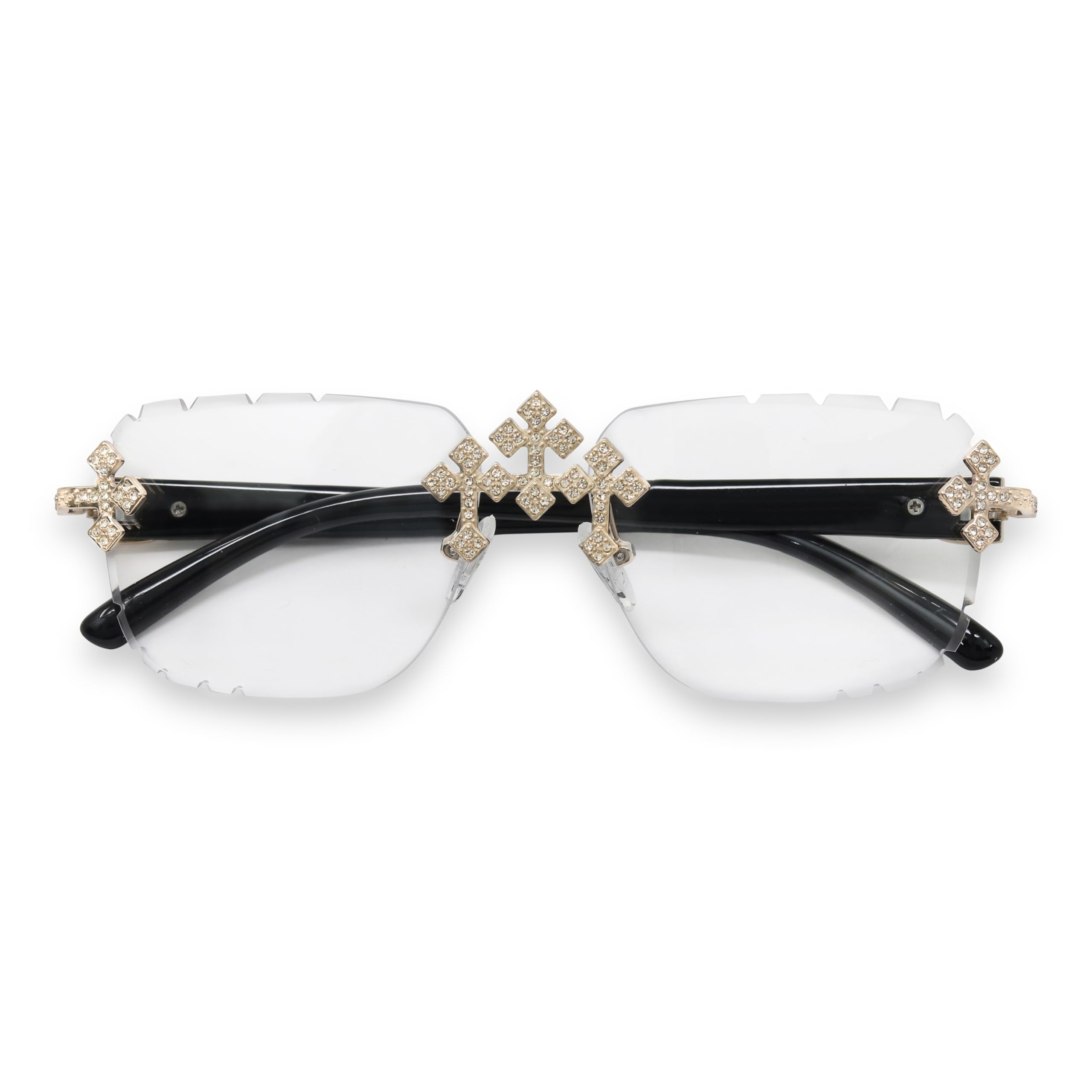 Iced-Out Triple Cross Sunglasses – Diamond-Cut Frameless Shades for Men & Women, Hip-Hop Luxury Eyewear for Various Occasions - Black Gold Finish