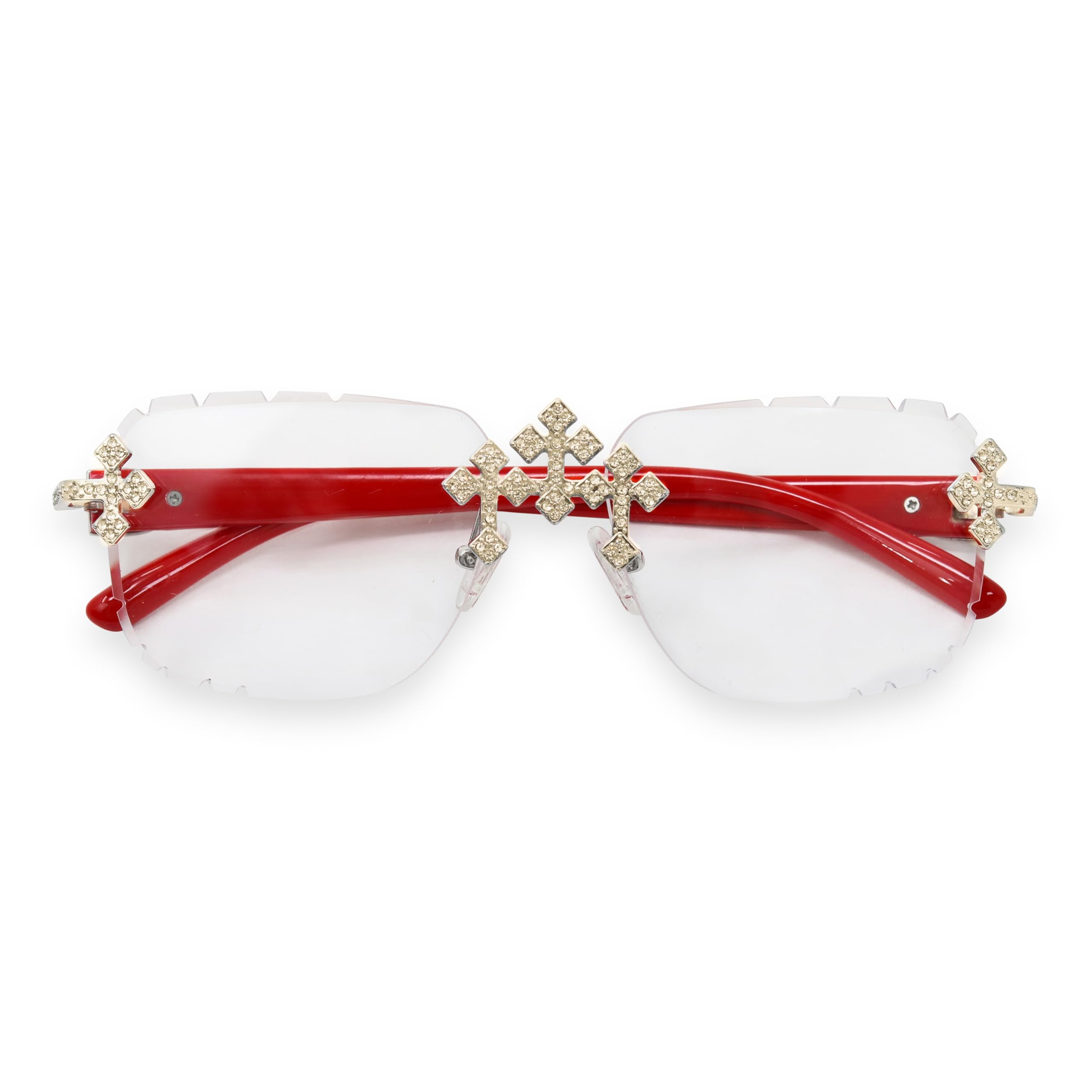 Iced-Out Triple Cross Sunglasses – Diamond-Cut Frameless Shades for Men & Women, Hip-Hop Luxury Eyewear for Various Occasions - Clear Red Gold Finish
