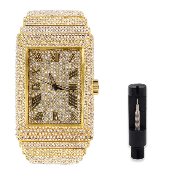 Men's Rectangle Fully Iced Out Diamond Watch with Adjustable Sizing, Bling-ed Out Roman Dial - 14k Gold Finish