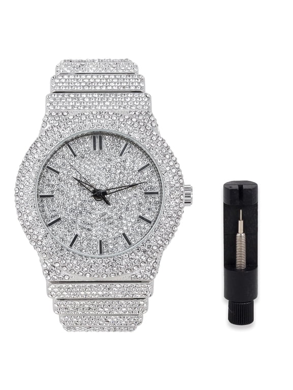 Men's Fully Iced Out Diamond Watch with Adjustable Sizing, Bling Dial, Luxury Timepiece - Silver Finish