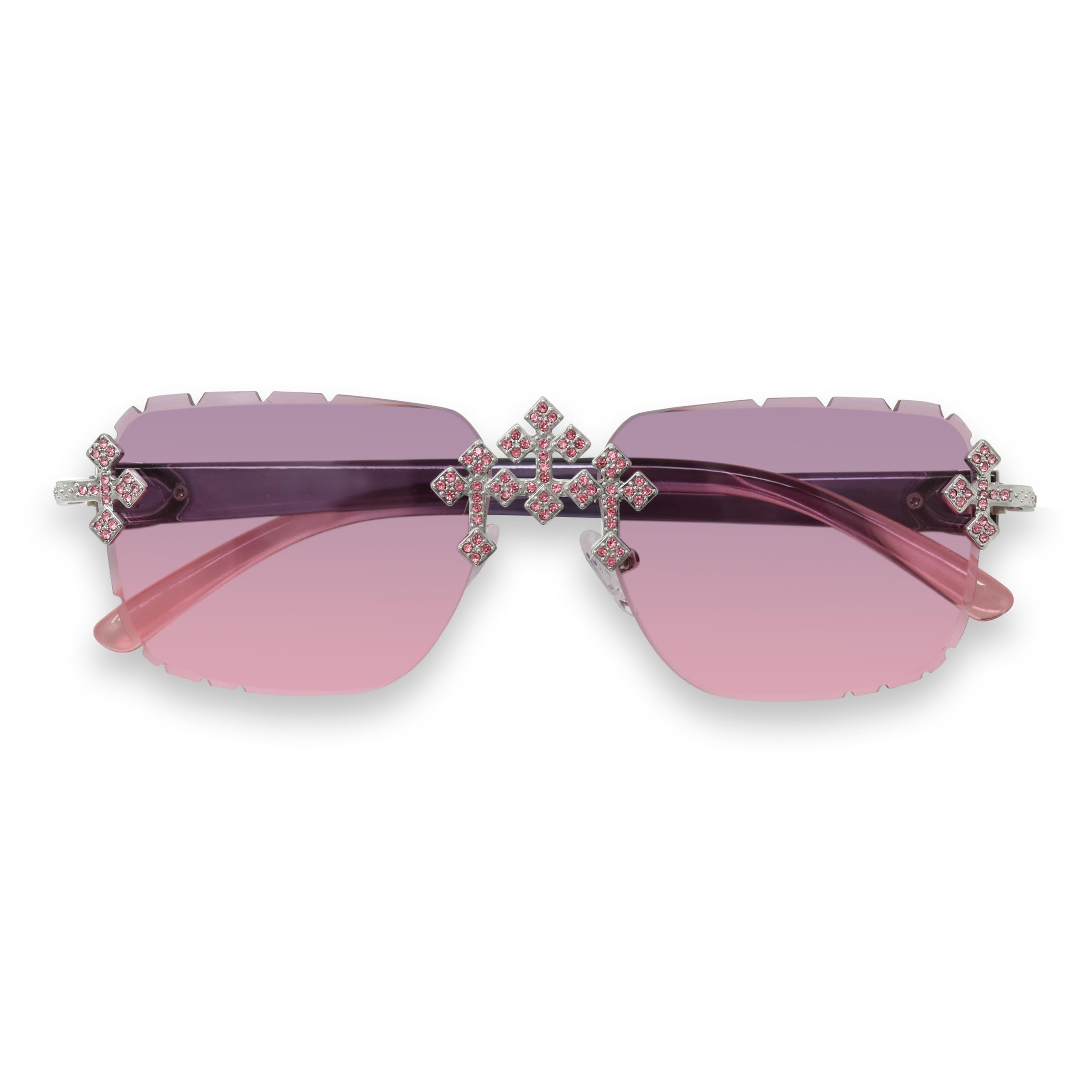 Iced-Out Triple Cross Sunglasses – Diamond-Cut Frameless Shades for Men & Women, Hip-Hop Luxury Eyewear for Various Occasions - Silver Pink Finish