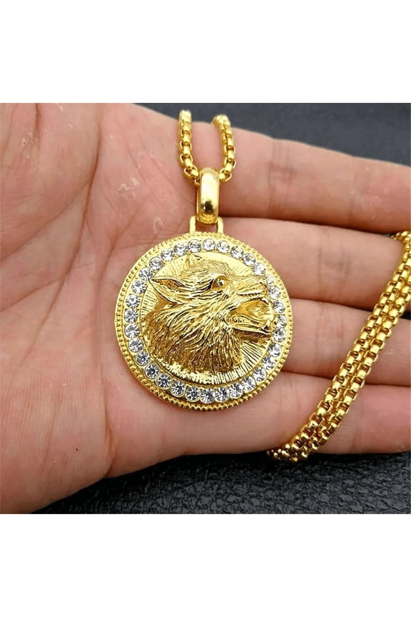 Iced Out Wolf Head Necklaces Pendants For Women/Men 14K Yellow Gold Rhinestones Necklace Hip Hop Bling Jewelry